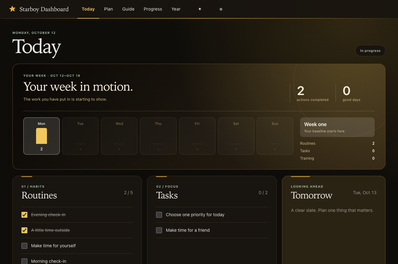 Starboy Today screen with demo routines and tasks, in the gold and black theme